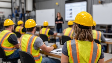 Construction Workers attending a meeting, looking at presenter Construction Workers attending a meeting, looking at presenter