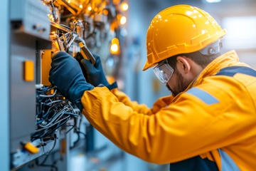 Electrician in orange safety gear fixing an electrical panel