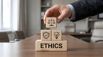 Building Blocks of Ethics stacked by arm dressed in a suit