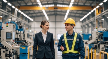 Factory worker explaining to manager while walking through manufacturing plant