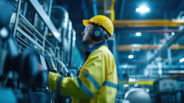 Industrial Hygienist in PPE monitoring noise levels in a factory