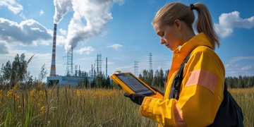 Scientist measuring radiation levels near a nuclear power plant, using specialized equipment for precise readings.
