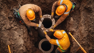 Construction workers placing stormwater culverts