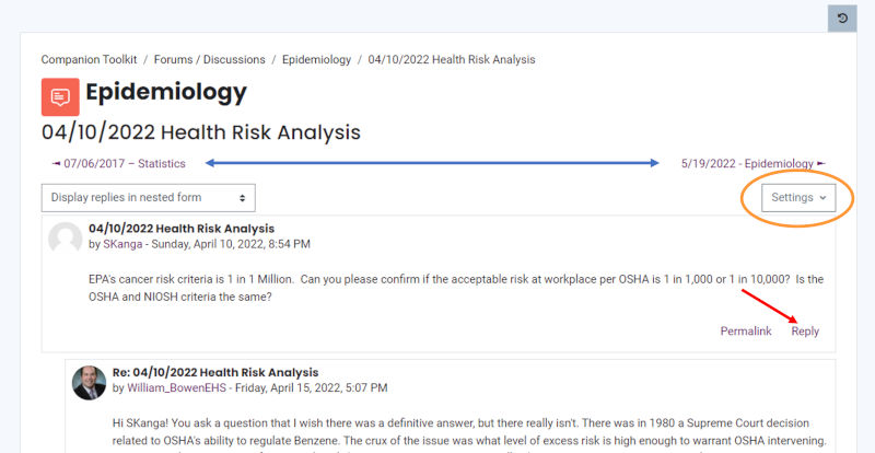 forum discusssion page with controls highlighted