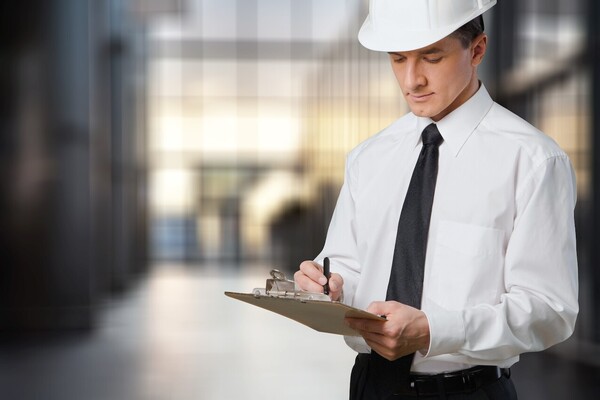 Professional in hard hat and tie in a manufacturing area while checking things off on clipboard